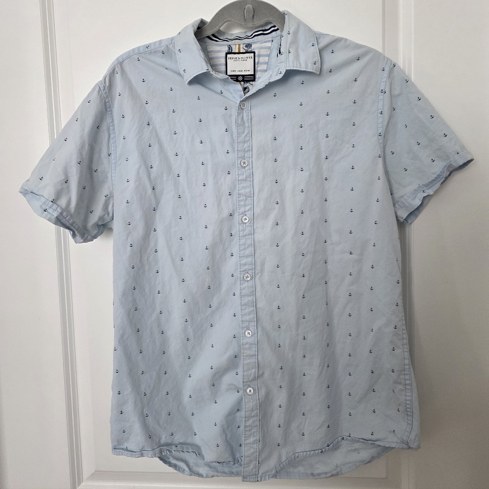 Light Blue Short-Sleeve Button-Up Shirt with Anchor Print